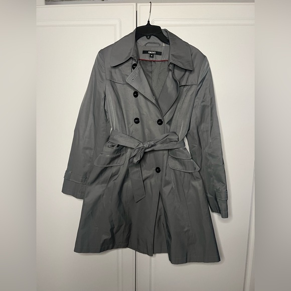 DKNY Gray Belted Trench Coat Medium Classic Double Breasted - Picture 4 of 16
